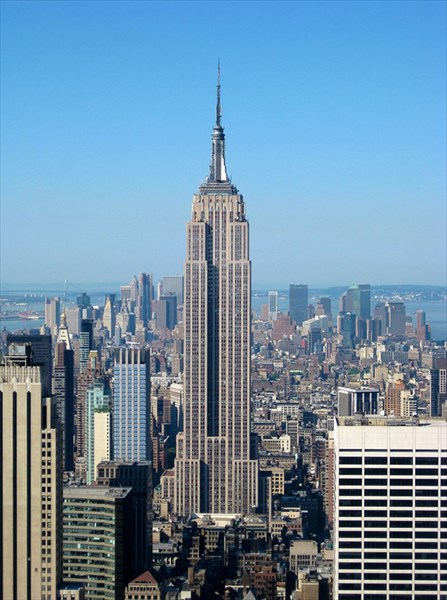 The Empire State Building is a 102-story landmark Art Deco skysc